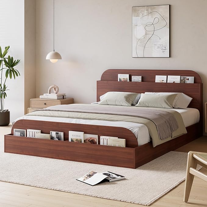 GarveeHome Full Size Bed Frame, Wooden Beds with Storage Headboard and Raised-Foodboard, Full-Floor Low Platform Bed for Bedroom, Sturdy Wooden Slats Support, No Box Spring Needed, Espresso