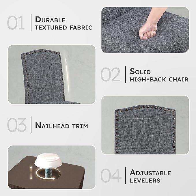 Lexicon Upholstered Dining Chairs Set of 2 - Soft Durable Fabric Armless Arched Back Kitchen Modern Dining Room Chairs for 2, Nailhead Trim Side, Brown Sturdy Wooden Frame, Easy Assembly, Gray