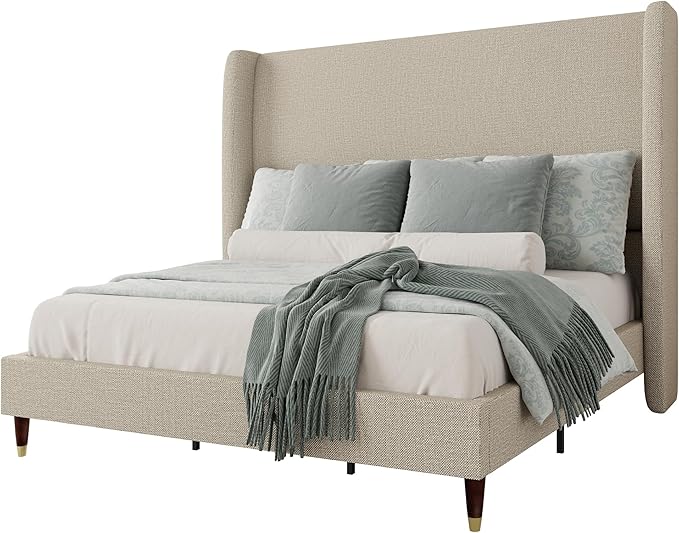 Jocisland Full Size Bed Frame 51.2" Wingback Headboard Linen Upholstered Platform Bed with Solid Wood Legs & Wooden Slats, No Box Spring Needed, Modern Minimalist Style, Easy Assembly, Brown