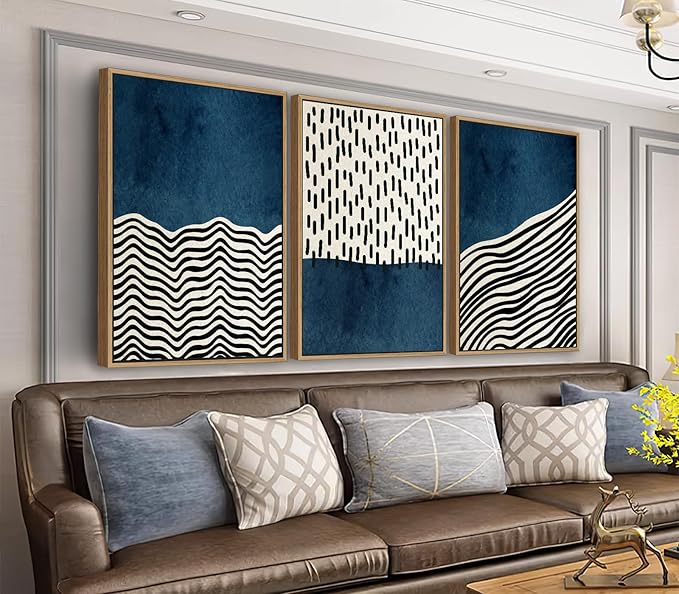Framed Wall Art Canvas Set Mid Century Boho Picture Modern Abstract Geometric Lines Wall Decor Minimalist Black Indigo Canvas Painting Artwork Living Room Bedroom Home Office 16"x24"x3 Natural