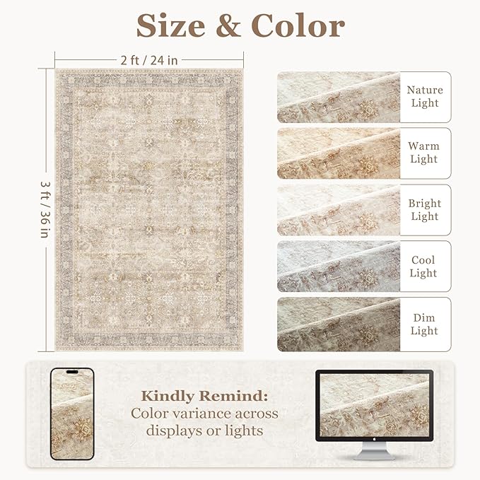 Beige Entryway Rug Indoor, 2x3 Small Door Rugs for Entry Way/Kitchen/Bathroom, Washable Non Slip Low Pile Thin Door Mat Indoor Entrance, Vintage Neutral Earth Tone Rug with Decorative Fringe
