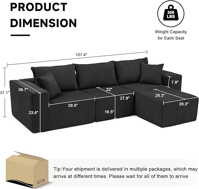 Weture 107.4" Cloud Couch Sectional, Modular Sofa with Deep Seat, Plush Corduroy L Shaped Boneless Couch, Convertible Sectional Couches for Living Room, 4Seat, Black
