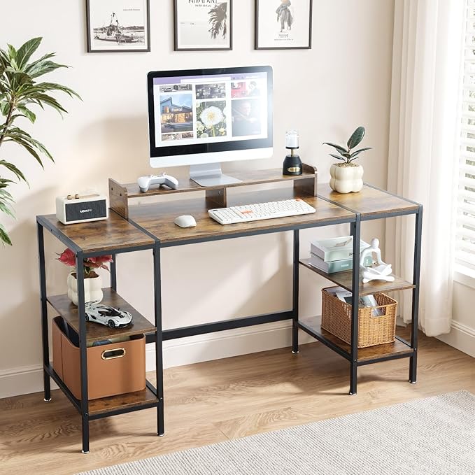 MINOSYS 55-inch Computer Desk with Storage Shelf - Vintage Ideal Gaming Desk for Bedrooms, Small Spaces, and Home Offices Modern Writing Desk for PCs.