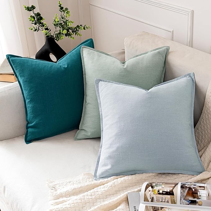 MIULEE Decorative Linen Euro Sham Pillow Covers 24x24 Teal Blue Boho Farmhouse Neutral Couch Throw Pillows for Bed Pack of 2 Accent Coastal Modern Pillowcase Summer Sofa Livingroom Home Decor