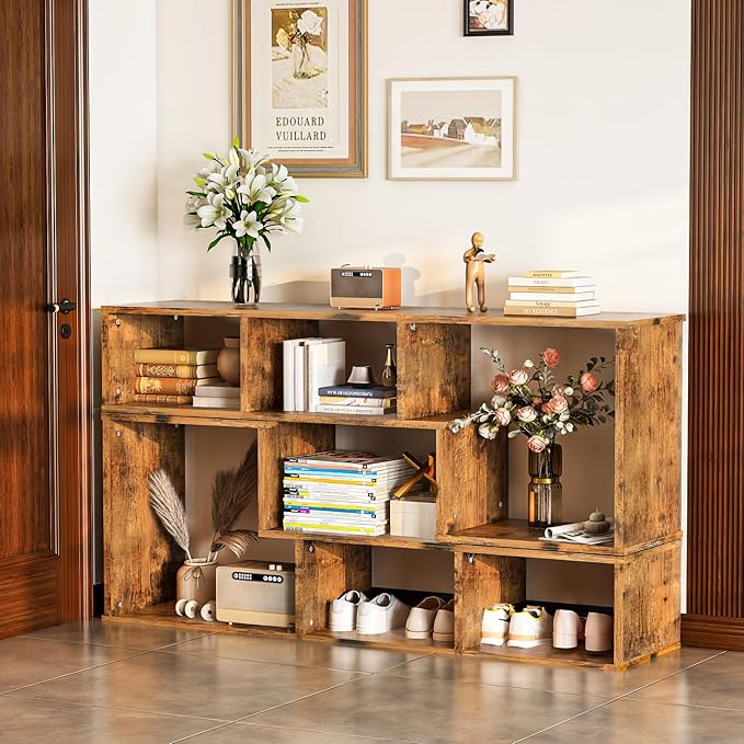 Recaceik Cube Bookshelf 2 Shelf Bookcase L-Shaped TV Console Stand Modern Entertainment Center with Open Storage Shelves for CDs/Movies/Books for Living Room, Bedroom, Home Office, Rustic Brown