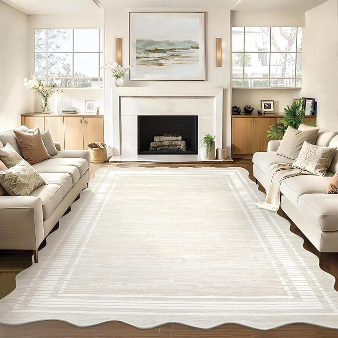 Garvee Scalloped Modern Abstract Rug 5x7 Washable Rug for Bedroom, Non-Slip Non-Shedding Soft Living Room Rug, Minimalist Scalloped Low-Pile Throw Carpet for Dining Room Home Office, Beige