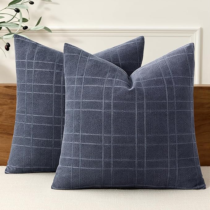 MIULEE Decorative Linen Check Euro Shams Throw Pillow Covers Neutral Farmhouse Vintage Pillow Covers 26x26 Set of 2 Boho Modern Home Decor for Sofa Couch Bedroom Cushion Navy Blue