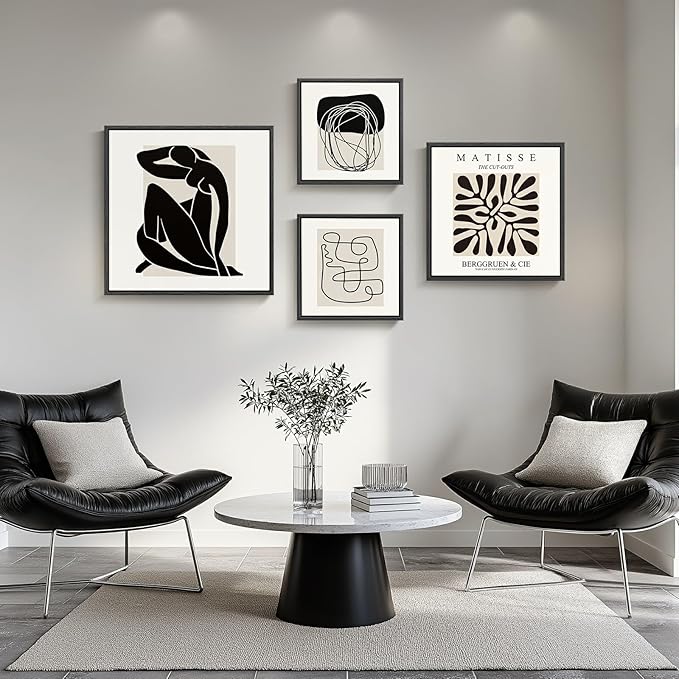 Framed Matisse Abstract Wall Art for Living Room, Set of 4 Piece Black and White Modern Canvas Artworks, Mid Century Neutral Beige Minimalist Painting Prints for Bedroom Hallway Office Wall Decor