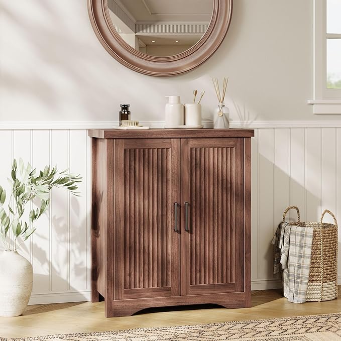 Memobarco Fluted Buffet Cabinet with Storage Accent Sideboard,Modern Credenza with 2 Doors & Adjustable Shelves,Wood Coffee Bar Table Console for Dining Room Kitchen Living Room Entryway, Walnut