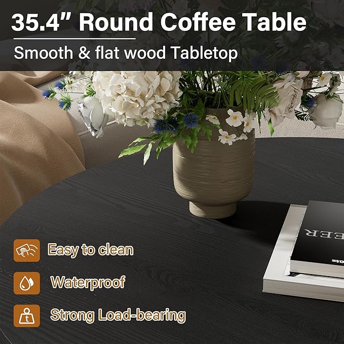 Furniway Round Coffee Table, 35.4" Circle Wide Coffee Table, Wood Table and Center Table for Living Room, Black