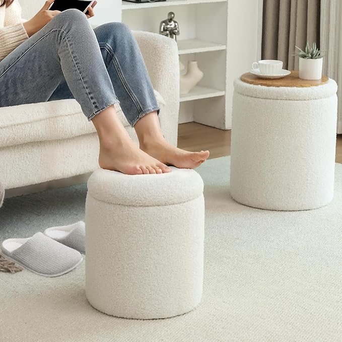 YSICK Round Ottoman with Storage, Set of 2, Small Vanity Stool as Vanity Chair, Sherpa Ottoman Foot Rest for Small Space, Living Room, Bedroom, White