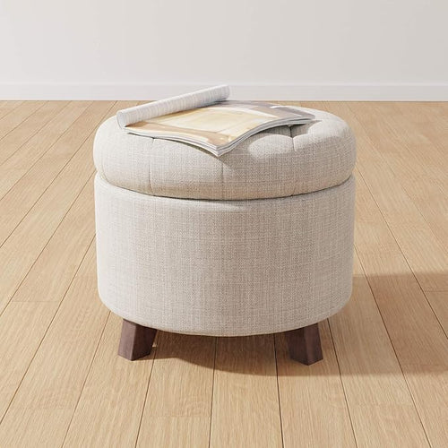 Amazon Basics Round Storage Ottoman Foot Rest, Button Tufted Upholstered Footstool with Storage, Sturdy Linen Fabric for Living Room and Bedroom, 20" x 17", Beige