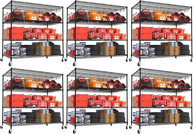 PrimeZone 6 Packs 55.5" W x 24" D x 80" H Heavy Duty Wire Storage Shelves with Wheels, 4 Tier Adjustable NSF Commercial Garage Shelving Unit, Rolling Metal Organizer Shelf Rack for Warehouse, Pantry