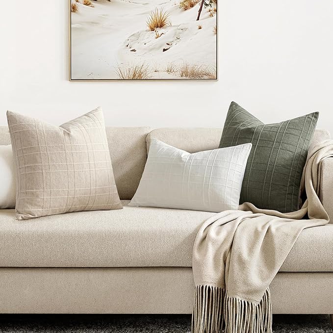 MIULEE Decorative Linen Check Throw Pillow Covers Neutral Farmhouse Vintage Pillow Covers 20x20 Set of 2 Boho Modern Home Decor for Sofa Couch Bedroom Cushion Natural Beige