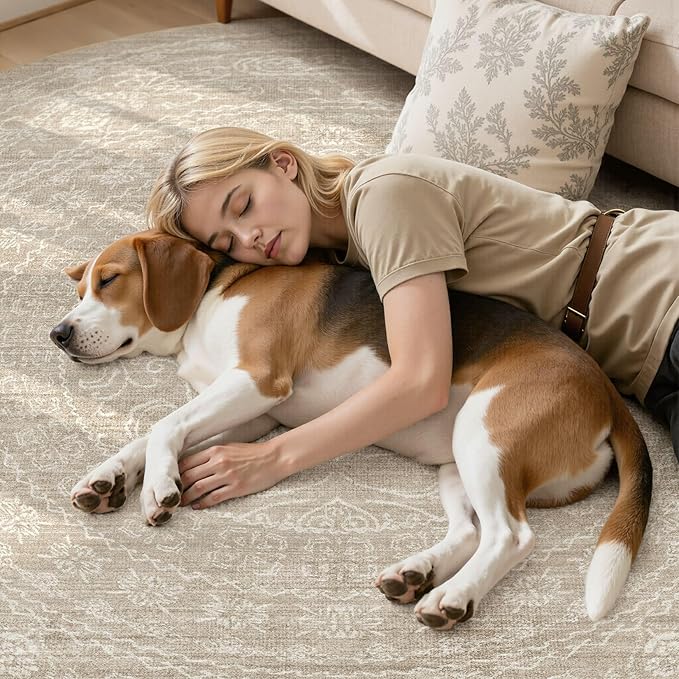 8ft Round Rug Living Room: Washable Large Vintage Rug Neutral Non-Slip Soft Stain Resistant Indoor Carpet for Bedroom Nursery Dining Room Under Table Bed Home House Office Playroom - Brown