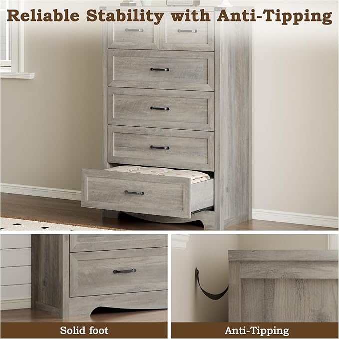 BORNOON Tall 6-Drawer Dresser for Bedroom, Modern Wooden Chest of Drawers with Metal Handles, Anti-Tipping Design, Sturdy and Stable Storage Organizer for Living Room, Entryway, Home Office, Standard