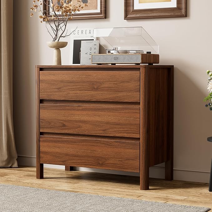 Furniway 31.5" Mid-Century Modern Dresser for Bedroom, 3 Drawer Small Chest of Drawers with Solid Wood Legs, Large Storage Bedroom Dresser, Walnut