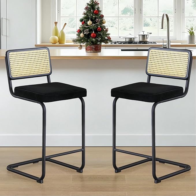 Zesthouse Natural Rattan Counter Stools Set of 4, 26" Modern Bar Stools with Solid Wood Back & Chrome Base, Black Velvet Counter Height Barstools, Mid Century Cantilever High Chairs for Kitchen Island