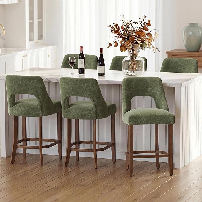 UVV Bar Stools Set of 6, Upholstered Counter Height Bar Stools, Modern Counter Stools with Wood Legs for Kitchen Island Dining Room Bar, Green