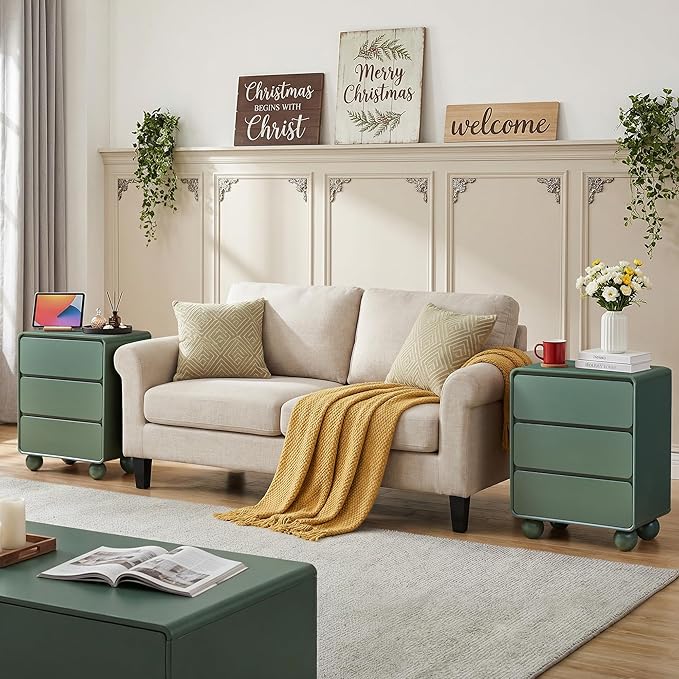 AVZEAR Wooden Night Stand wth 3 Drawer Dresser Mid Century Modern End Table Chest of Drawers, Solid Wood Legs & Curved Profile Design, Farmhouse Side Table for Living Room, Green
