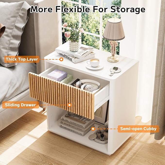 Modern Fluted Nightstand Set of 2 for Bedroom, Mid Century Bedside Table with Drawer & Open Shelf, Wood End Table, Farmhouse Night Stand for Home, Hallway, Office, White