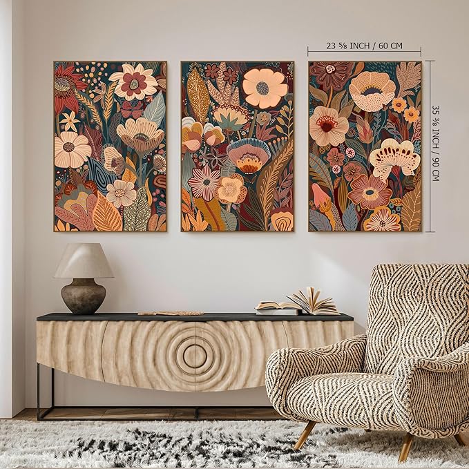 SAFERRYHOME Large Burnt Orange Floral Wall Art, 3 Pieces Boho Mid Century Modern Wildflower Framed Canvas Wall Decor, Vintage Botanical Neutral Plant Artwork Print for Living Room Bedroom Office, 24"x36"