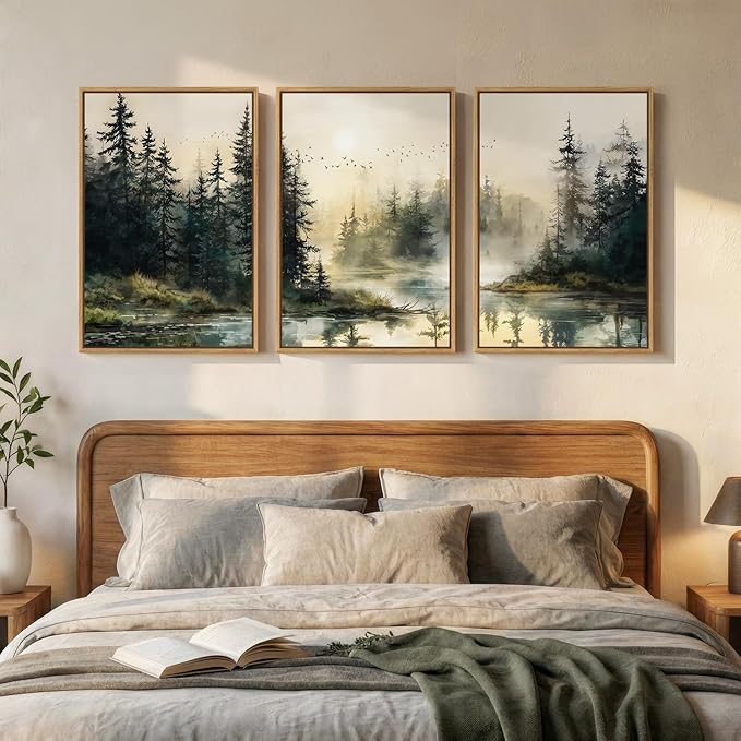 Framed Forest Landscape Nature Wall Art Bedroom, 3 Piece Foggy Pine Tree Lake Canvas Artwork for Walls, Sunset Wall Decor Paintings Pictures Print for Living Room Home Office Hallway, 16x24 Inch