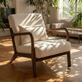 Mid Century Modern Accent Chair - Solid Rubberwood Frame Reading Armchair with Lumbar Pillow - Comfy Linen Lounge Chair for Living Room Bedroom Small Space - Heavy Duty 350lbs
