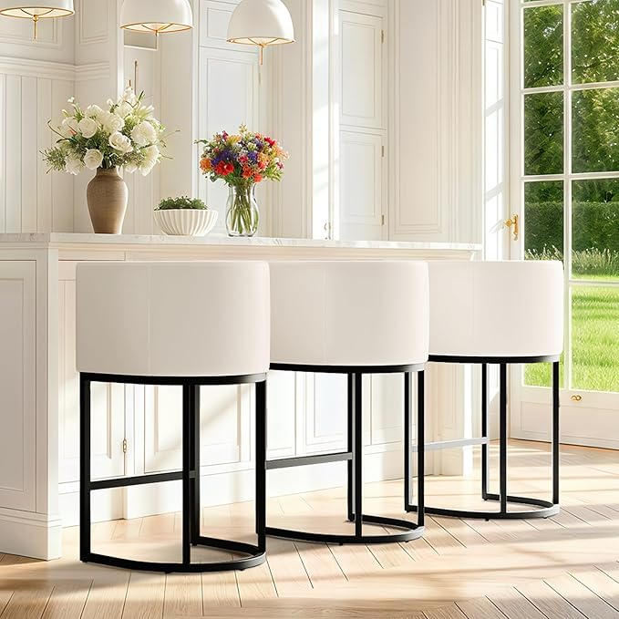Modern Counter Height Bar Stools,Bar Stools Set of 3,PU Leather Upholstered Barrel Barstools with Backs,24'' Kitchen Island Chairs,Metal Black Frames,Beige White Leather