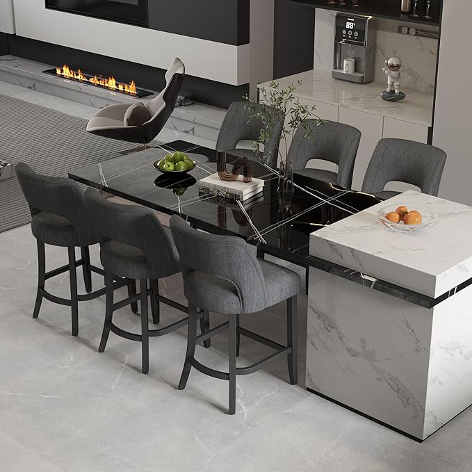 VKNOW Bar Stools Set of 6, 26" Upholstered Counter Height Bar Stools, Modern Counter Stools with Black Legs for Kitchen Island Dining Room Bar, Dark Grey-Black Legs