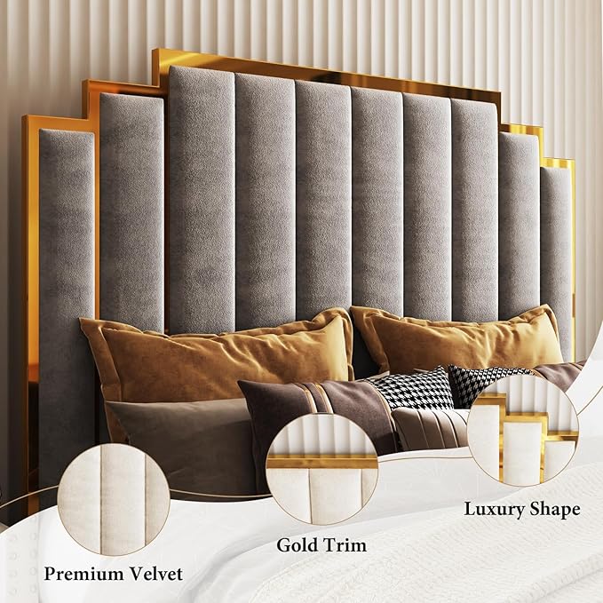 AMERLIFE California King Size Upholstered Bed, Modern Velvet Bed Frame with 65.4” Tall Gold Trim Headboard, No Box Spring Needed, Grey