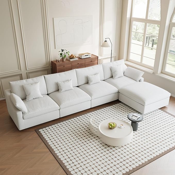 155.9" L Shape Cloud Modular Couches for Living Room, Modern Sectional Sofa with Chaise Ottomans, Deep Seat Couch Cushion Covers Washable&Removable, Sectional Sofas for Home Office Apartment (White)