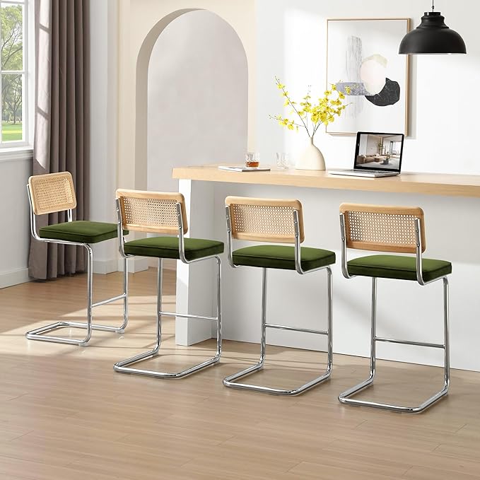 Zesthouse Natural Rattan Bar Stools Set of 2, 26'' Modern Boho Counter Height Barstools with Solid Wood Back, Mid Century Counter Stools with Velvet Cushion, Cane Back Island Chairs for Kitchen, Green