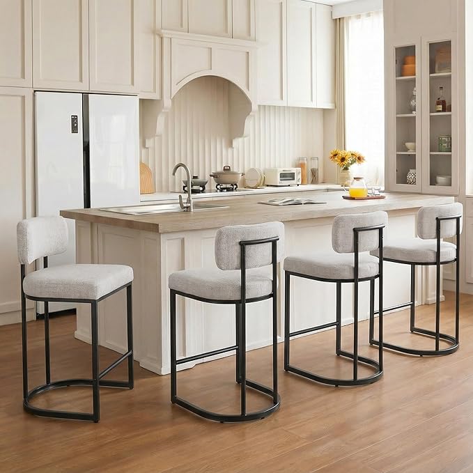 26" H Counter Height Bar Stools Set of 3, Modern Linen Fabric Upholstered Barstools with Backrest for Kitchen Island, Black Metal Frames, Wheat
