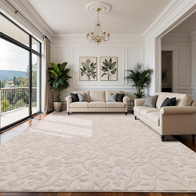 Vaukki 9x12 Area Rug for Living Room, Soft Fluffy Washable Modern Floral Indoor Floor Mat, Non Slip Shaggy Boho Accent Throw Carpet for Bedroom, Living Room, Nursery and Dining Room, Beige