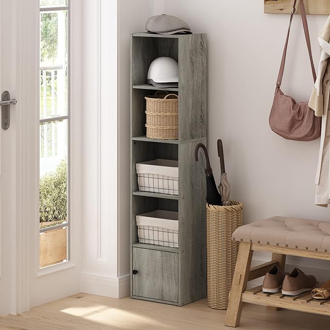 Furinno LUDER Book Shelf, 5-Tier Modern Bookshelf, Bookcase with 1 Door Storage Cabinet, 9.3 x 12 x 52, for Organization and Storage, for Living Room, Bedroom, Home Office, French Oak