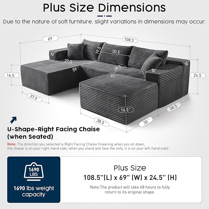 Grey Sectional Couch with Ottoman, 108" Cloud Modular Couch for Living Room, Modern U-Shaped Sofa, No Assembly Required - Plush Corduroy Fabric & Deep Seat Comfort (Right Facing Chaise)