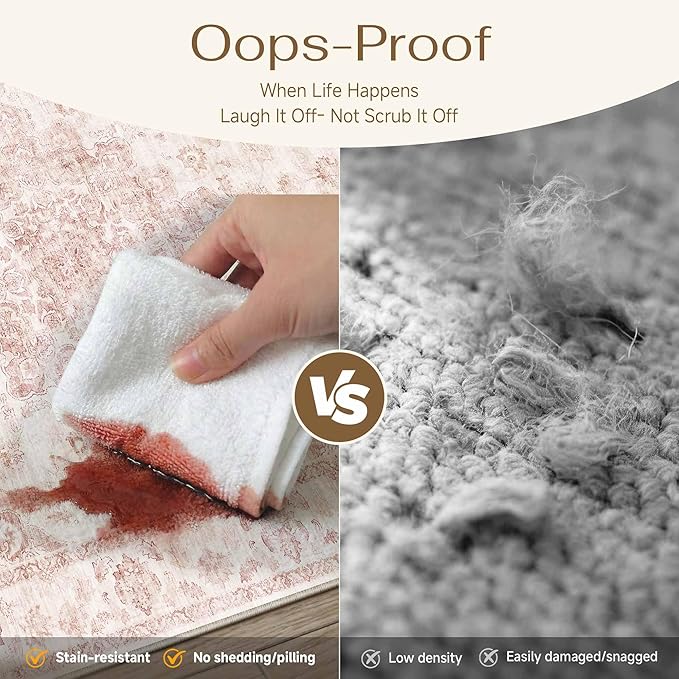 2x8 Washable Neutral Runner Rug Pink Vintage Hallway Kitchen Carpet Non-Slip Soft Low Pile Farmhouse Throw Rug for Bedroom Bathroom Laundry Living Room