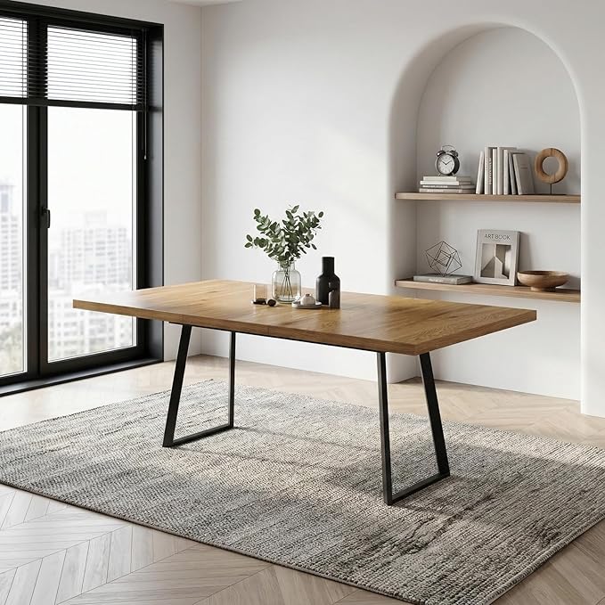 Modern Extendable Dining Table with 15.35" Butterfly Leaf, 47" to 63" Folding Kitchen Table for 4-6 People, Industrial Wood Top with Heavy Duty Metal U-Shape Legs, Space Saving Table for Dining Room