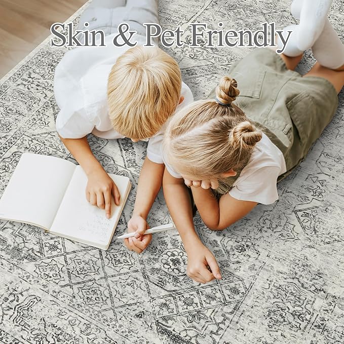 Soalmost Washable Area Rug 8x10, Gray Soft Rug for Living Room Vintage 8x10 Area Rugs for Bedroom Dining Room Floral Non-Slip Thin Grey Rug
