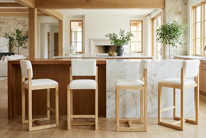 DUOMAY Modern Bar Stools Set of 4, 26" Counter Height Barstools, Sherpa Upholstered Kitchen Island Chair with Light Walnut Color Wood Legs for Home, White