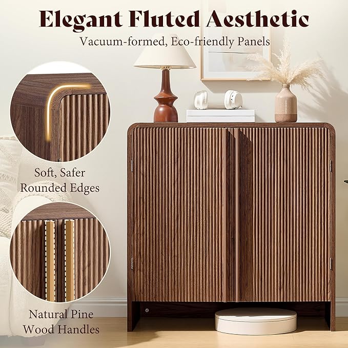 AMERLIFE Fluted Buffet Cabinet with Storage, Modern Sideboard Cabinet with 2 Doors & Adjustable Shelf, Console Table & Credenza for Living Room, Dining Room & Entryway, Brown