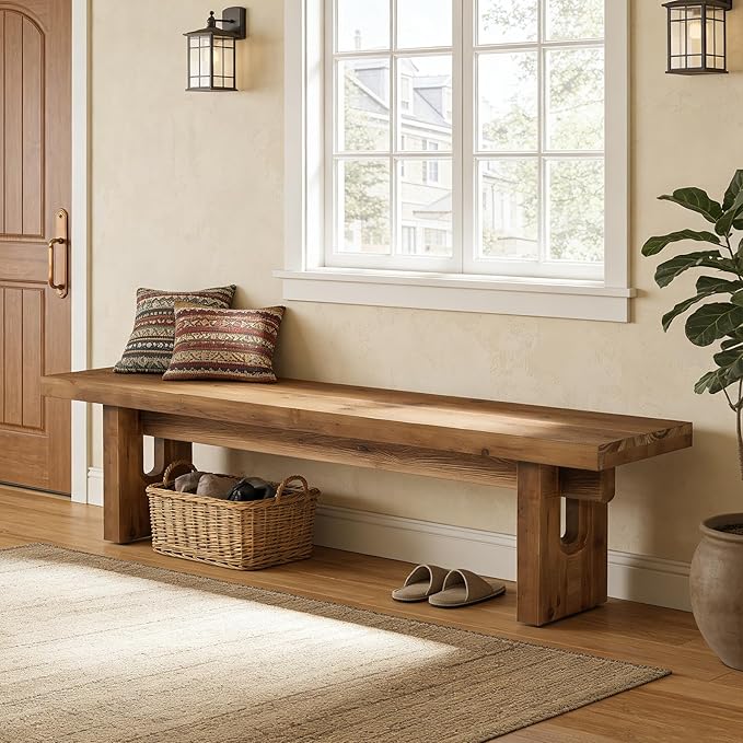 63" Solid Wood Bench, Extra Long Farmhouse Dining Bench for Kitchen Table, Rustic Wooden Entryway Bench, End of Bed Indoor Seating, Natural Brown