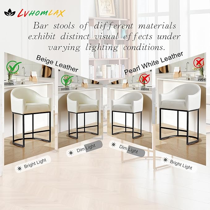 26" Modern Counter Height Bar Stools,Barstools with Arms,Kitchen Island Chairs,PU Leather Upholstered Barrel Bar Stools with Backs,Metal Black Frames,Beige White Leather