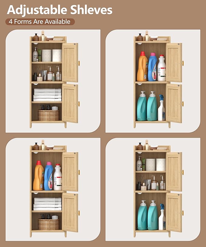 Akxomel Rattan Small Bathroom Cabinet with 2 Doors, 7.9''D x 11.8''W Narrow Toilet Paper Storage Cabinet, Bathroom Organizer for Small Space, Wooden Slim Corner Unit with Adjustable Shelf, Natural Oak