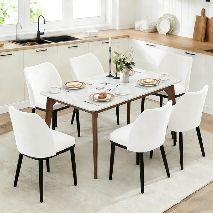 GarveeHome Wooden Dining Chairs Set of 6, Upholstered Kitchen Dining Room Chairs with Padded Seat and Wood Legs, Modern Fabric Side Dinner Chair for Kitchen, Dining Room, Restaurant, Cafe