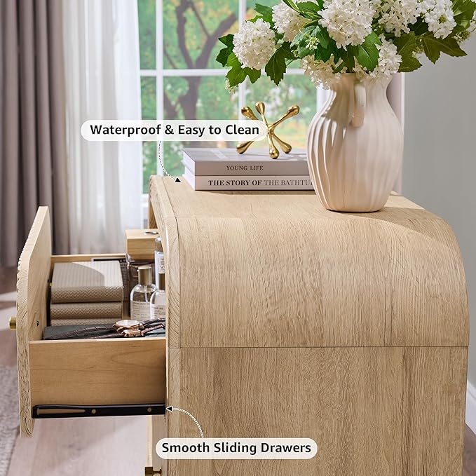 T4TREAM Fluted Dresser with 3 Drawers, 32" Tall Modern Chest of Drawers with Thickened Curved Profile Design, Wood Closet Clothes Storage Organizer for Bedroom, Living Room, Hallway, Natural Oak