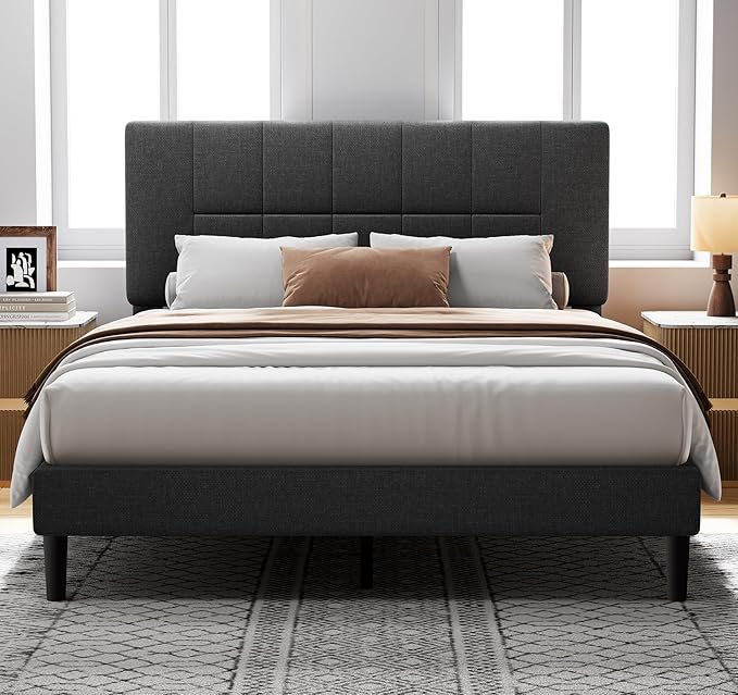 Pipishell Queen Bed Frame with 12 Thickened Legs&Fabric Upholstered Headboard,1300 lbs Strong Weight Capacity, Adjustable Headboard, No Box Spring Needed, Easy Assembly, Underbed Storage（Solid Wooden）