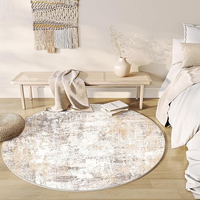 8x8 Washable Round Rug Beige Grey Abstract Non Slip Soft Low Pile Circle Rug for Living Room Bedroom Neutral Modern Indoor Carpet for Dining Room Office Entryway Home Decor
