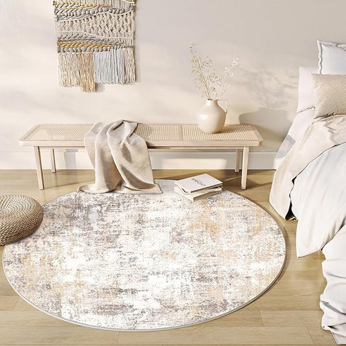 8x8 Washable Round Rug Beige Grey Abstract Non Slip Soft Low Pile Circle Rug for Living Room Bedroom Neutral Modern Indoor Carpet for Dining Room Office Entryway Home Decor